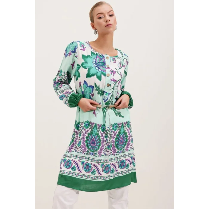 5902 Kemerli Desenli Elbise - Yeşil