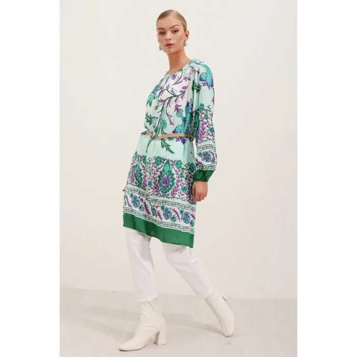 5902 Kemerli Desenli Elbise - Yeşil