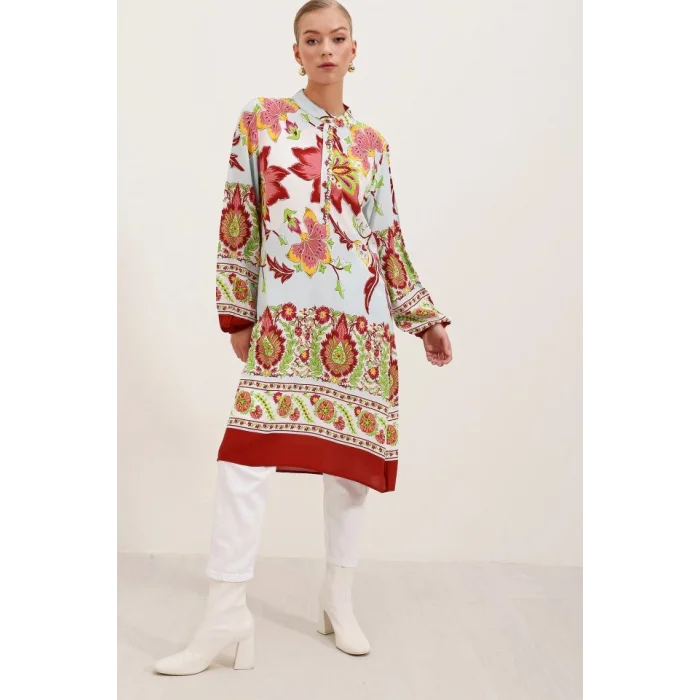 5903 Desenli Viskon Elbise - Bordo