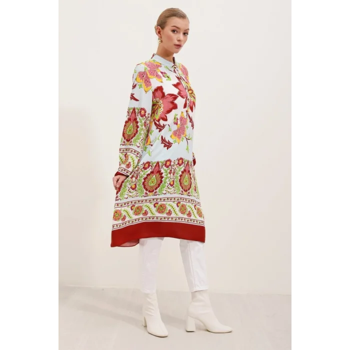 5903 Desenli Viskon Elbise - Bordo