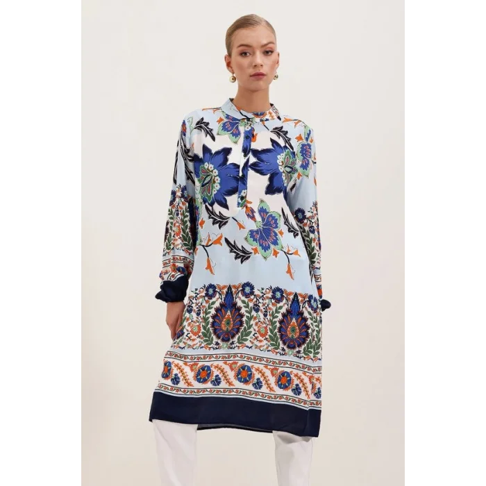 5903 Desenli Viskon Elbise - Lacivert