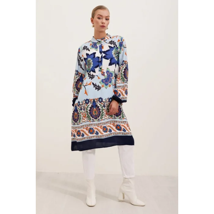 5903 Desenli Viskon Elbise - Lacivert