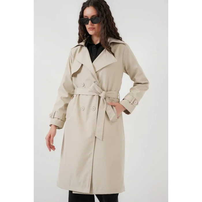 5918 Kruvaze Yaka Trençkot - Bej