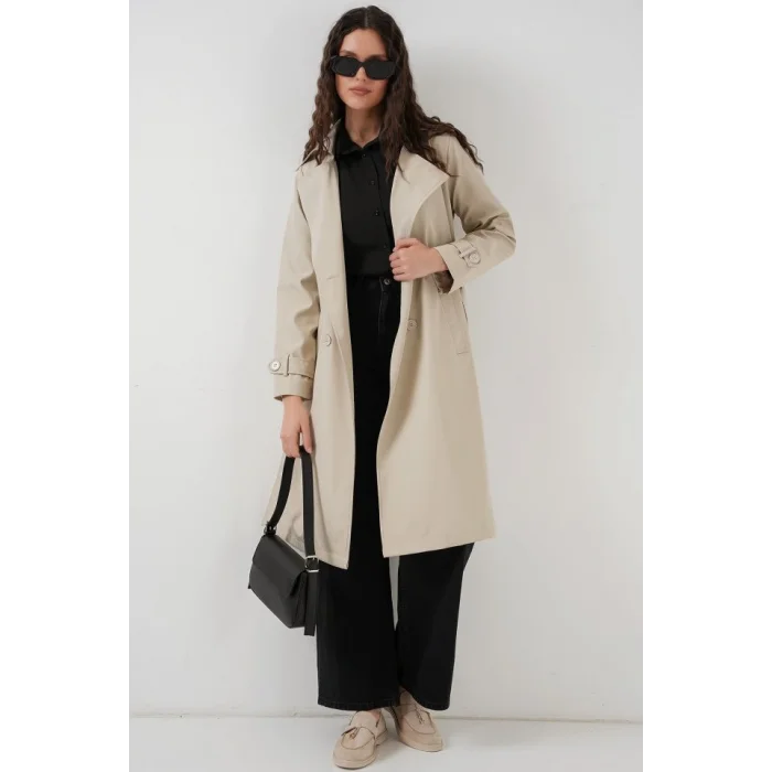 5918 Kruvaze Yaka Trençkot - Bej