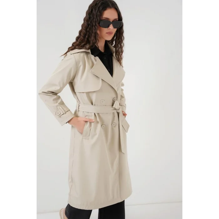 5918 Kruvaze Yaka Trençkot - Bej