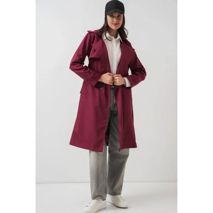 5918 Kruvaze Yaka Trençkot - Bordo
