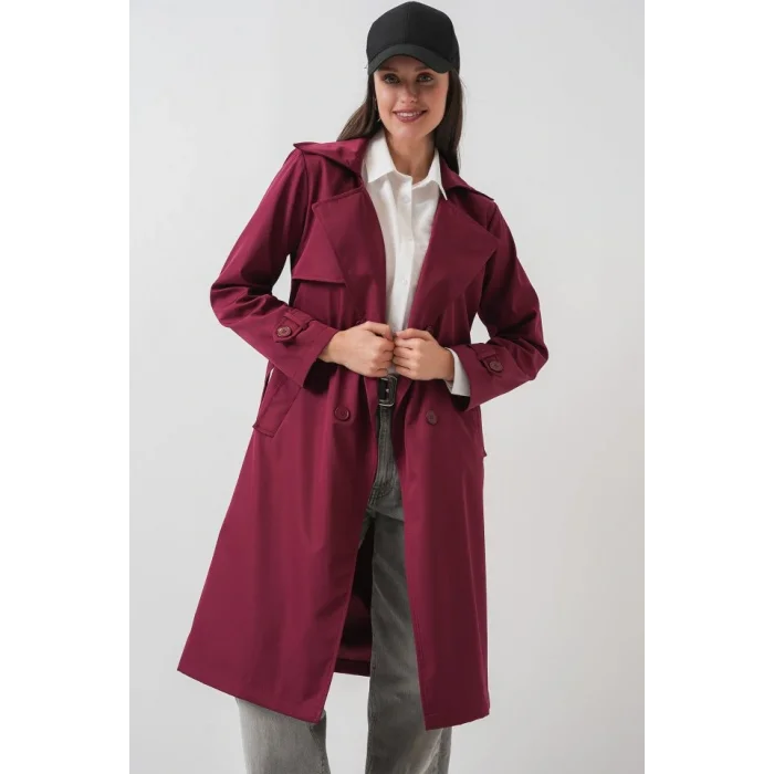 5918 Kruvaze Yaka Trençkot - Bordo