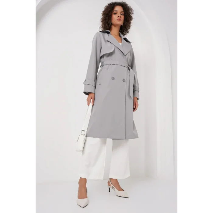 5918 Kruvaze Yaka Trençkot - Gri