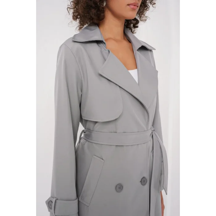 5918 Kruvaze Yaka Trençkot - Gri