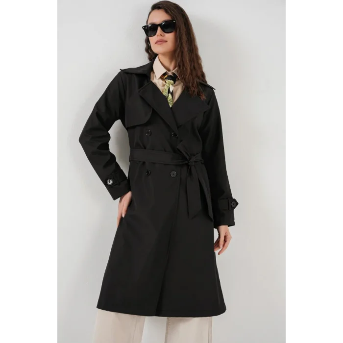 5918 Kruvaze Yaka Trençkot - Siyah