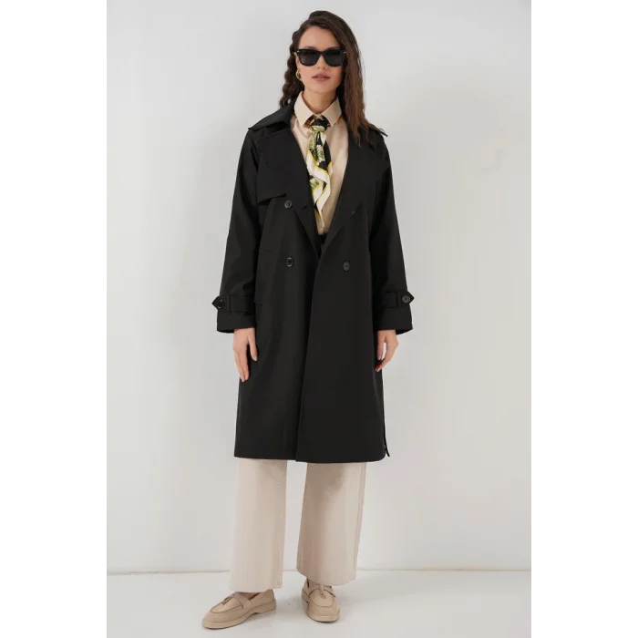 5918 Kruvaze Yaka Trençkot - Siyah