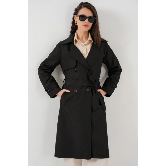 5918 Kruvaze Yaka Trençkot - Siyah