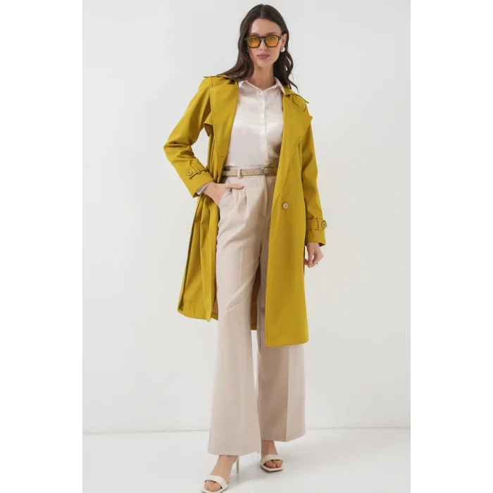 5918 Kruvaze Yaka Trençkot - Yağ Yeşil