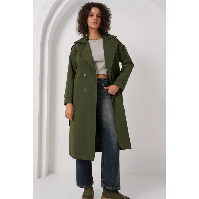 5936 Kruvaze Yaka Trençkot - Haki