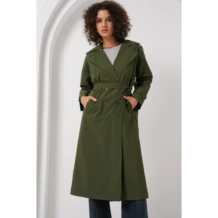 5936 Kruvaze Yaka Trençkot - Haki