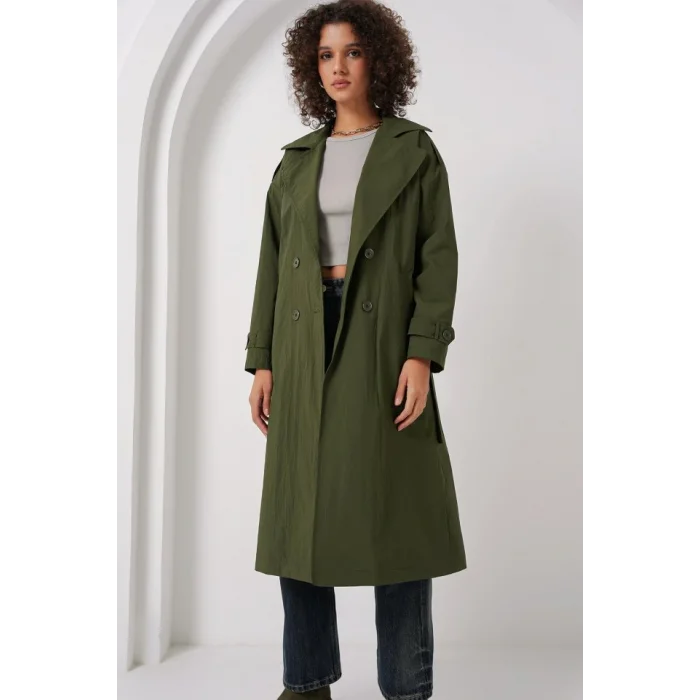 5936 Kruvaze Yaka Trençkot - Haki