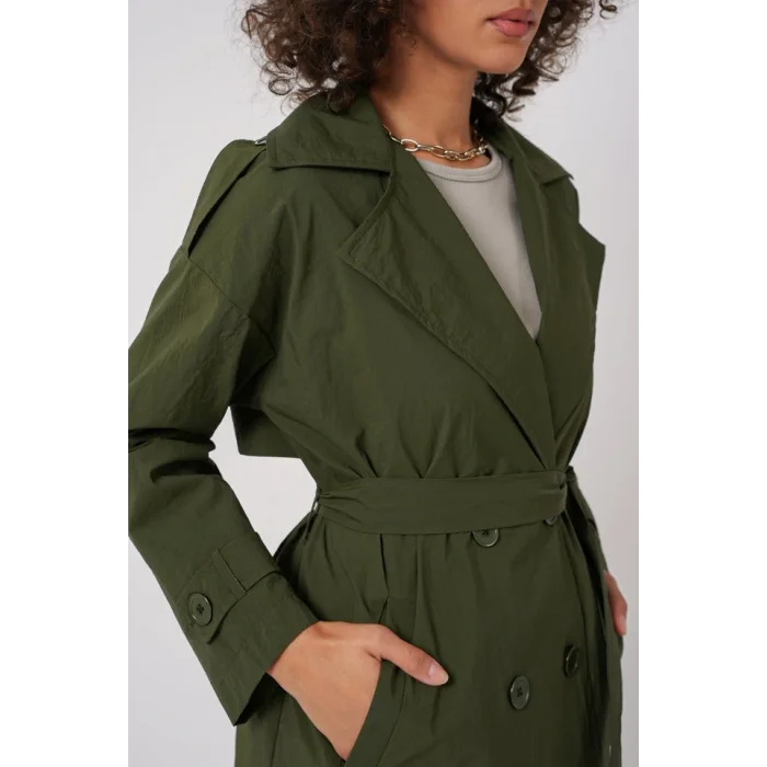 5936 Kruvaze Yaka Trençkot - Haki