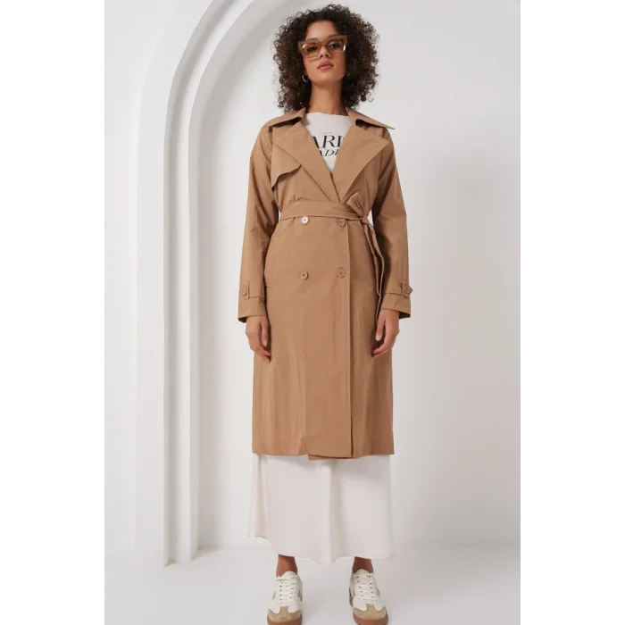 5938 Kruvaze Yaka Trençkot - Camel