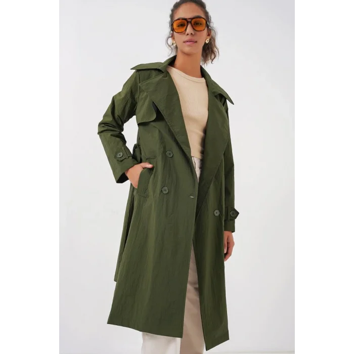 5938 Kruvaze Yaka Trençkot - Haki