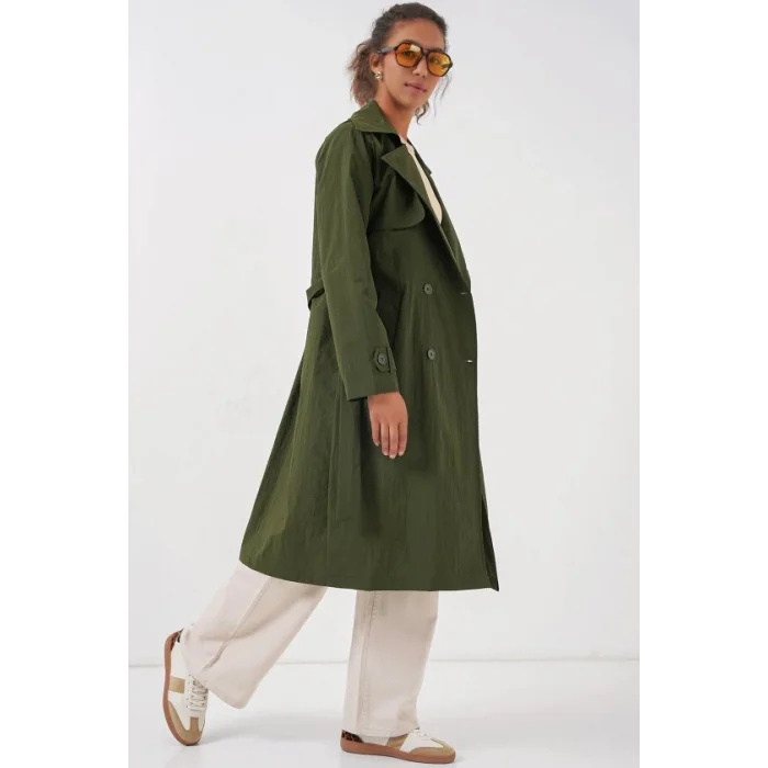 5938 Kruvaze Yaka Trençkot - Haki