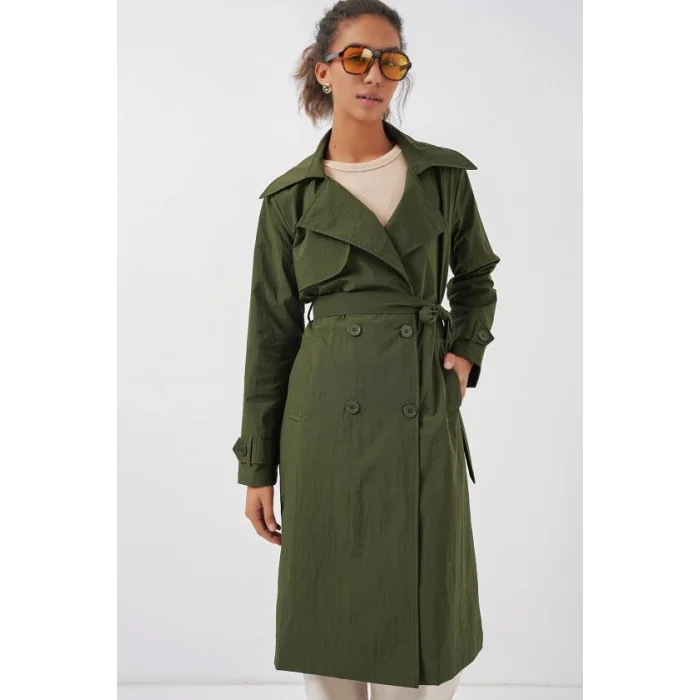 5938 Kruvaze Yaka Trençkot - Haki