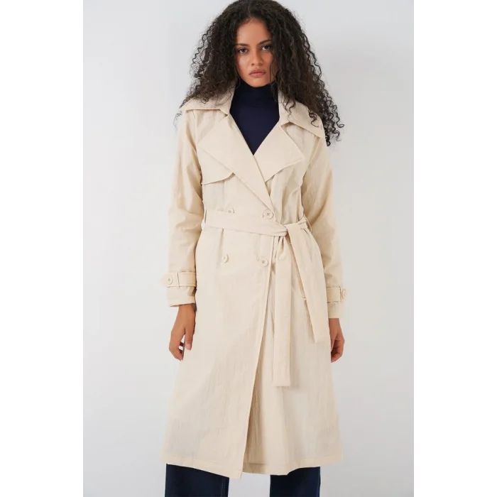 5938 Kruvaze Yaka Trençkot - Krem