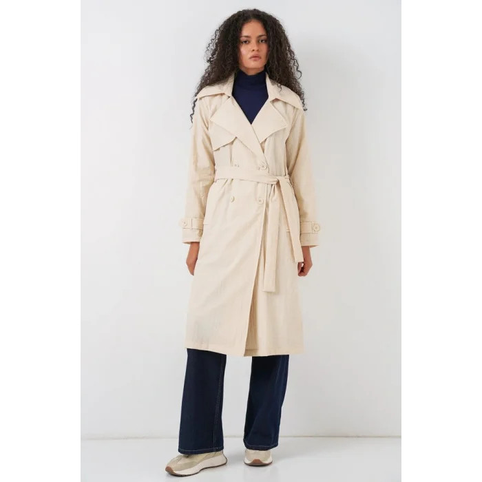 5938 Kruvaze Yaka Trençkot - Krem