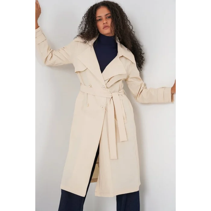 5938 Kruvaze Yaka Trençkot - Krem
