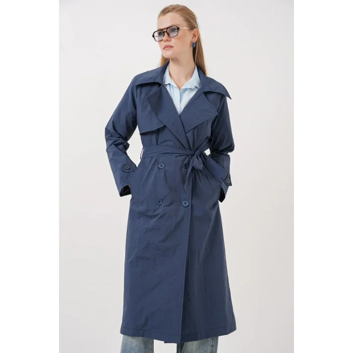 5938 Kruvaze Yaka Trençkot - Lacivert