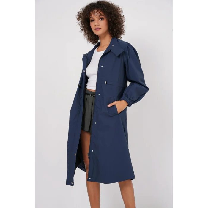 5939 Astarlı Uzun Trençkot - Lacivert