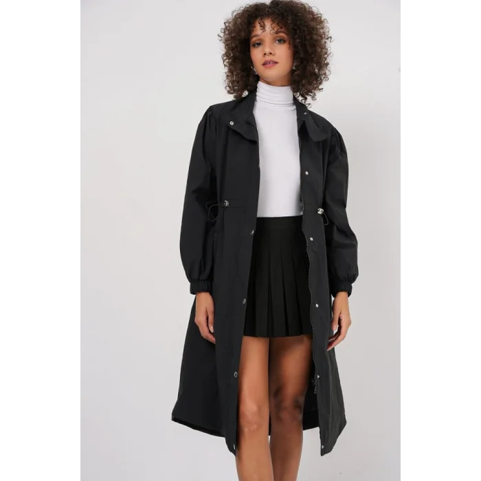 5939 Astarlı Uzun Trençkot - Siyah