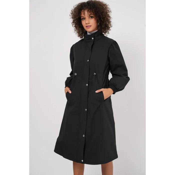 5939 Astarlı Uzun Trençkot - Siyah