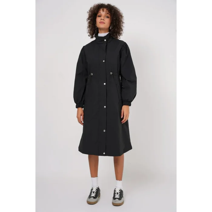 5939 Astarlı Uzun Trençkot - Siyah