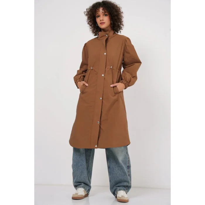 5939 Astarlı Uzun Trençkot - Taba