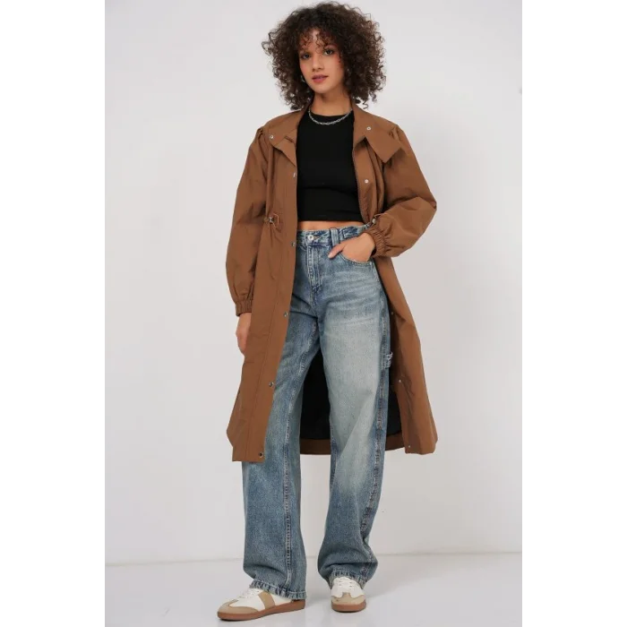 5939 Astarlı Uzun Trençkot - Taba