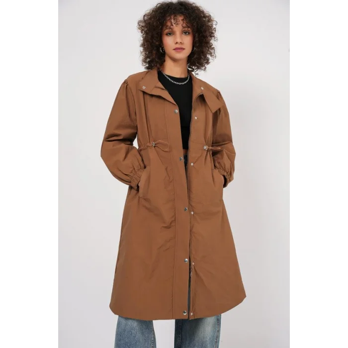 5939 Astarlı Uzun Trençkot - Taba