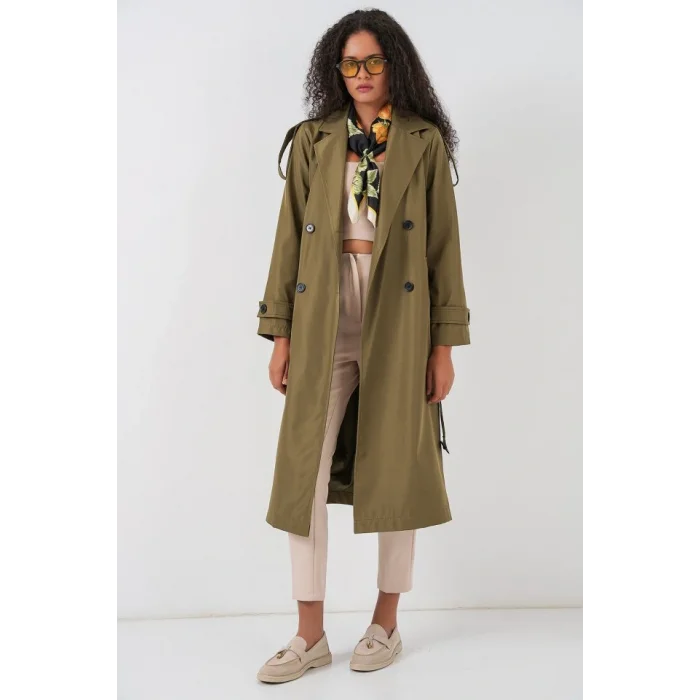 5941 Kruvaze Yaka Uzun Trençkot - Haki