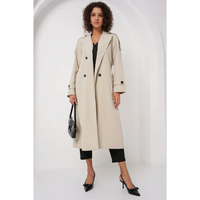 5941 Kruvaze Yaka Uzun Trençkot - Taş