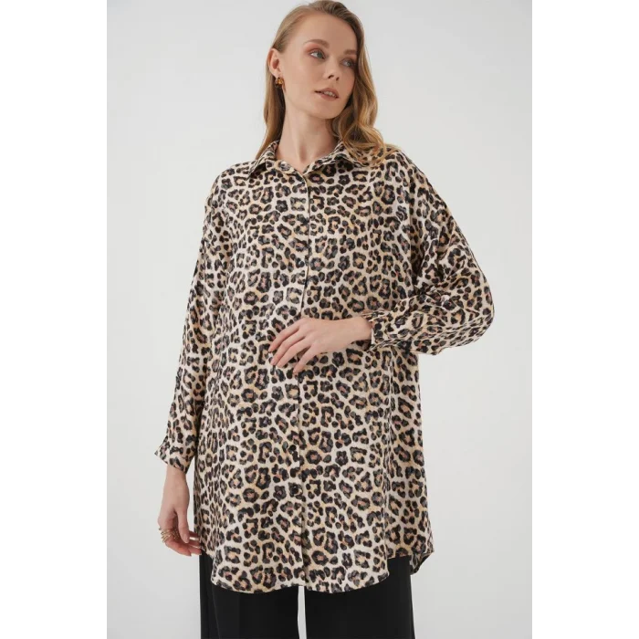 5944 Desenli Uzun Gömlek Tunik - Bej