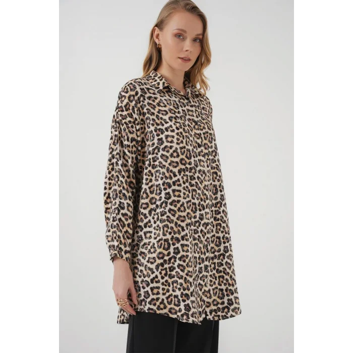 5944 Desenli Uzun Gömlek Tunik - Bej