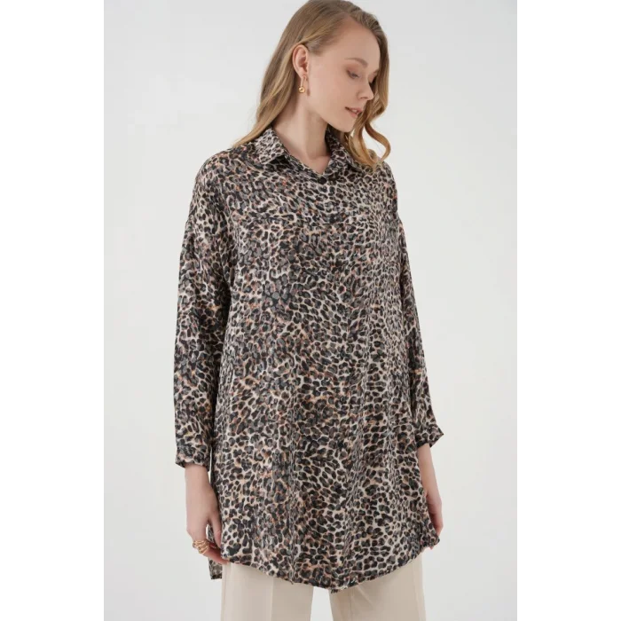 5944 Desenli Uzun Gömlek Tunik - C. Kahverengi