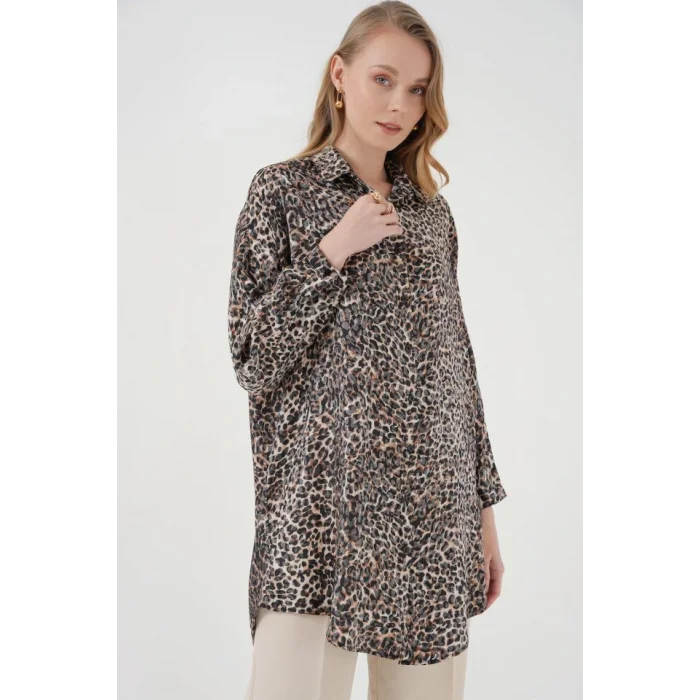 5944 Desenli Uzun Gömlek Tunik - C. Kahverengi