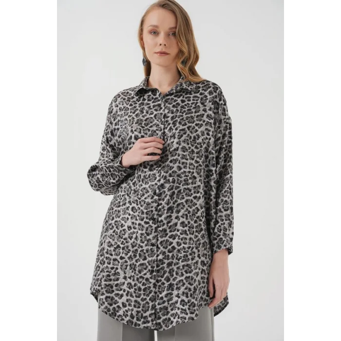5944 Desenli Uzun Gömlek Tunik - Siyah