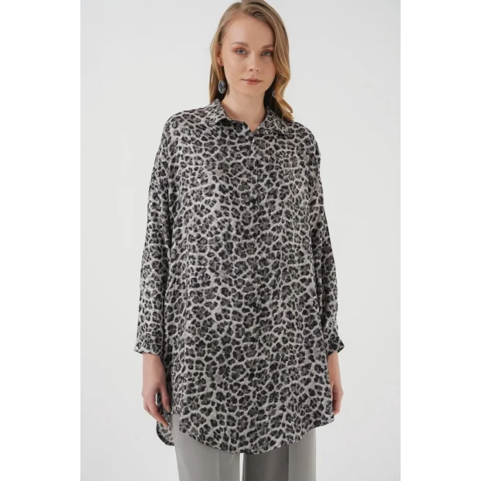 5944 Desenli Uzun Gömlek Tunik - Siyah