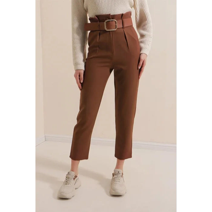 6556 Kemerli Kumaş Pantolon - Kahverengi