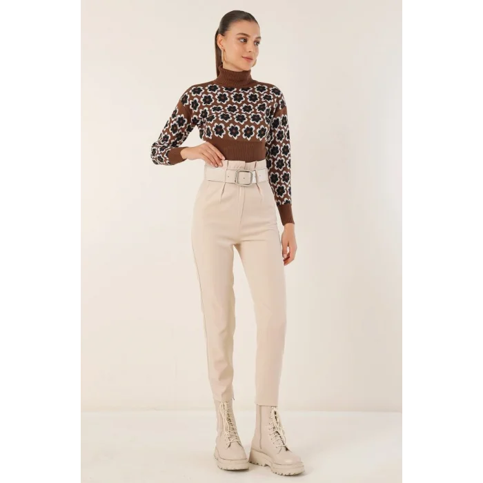 6556 Kemerli Kumaş Pantolon - Krem