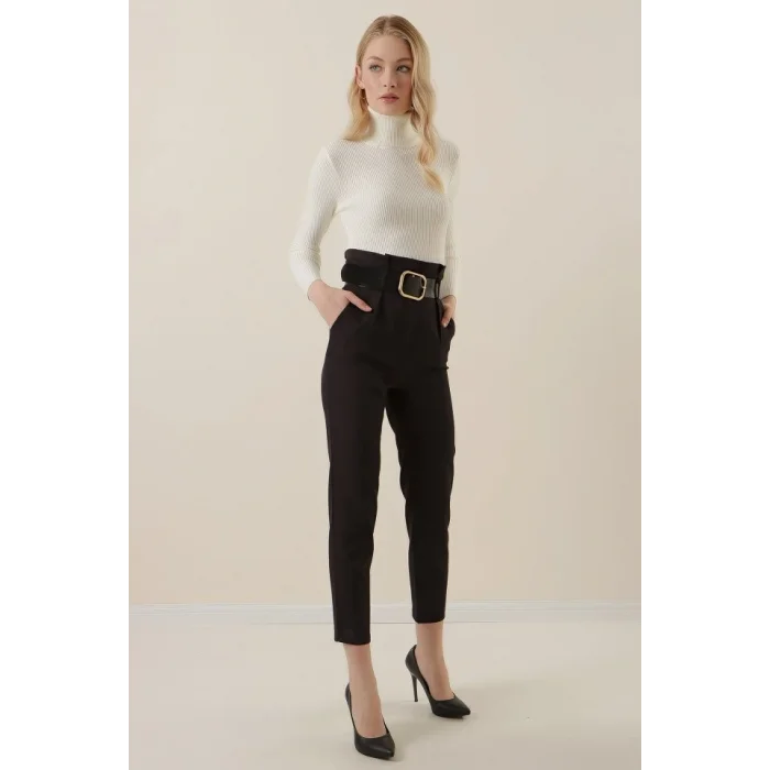 6556 Kemerli Kumaş Pantolon - Siyah