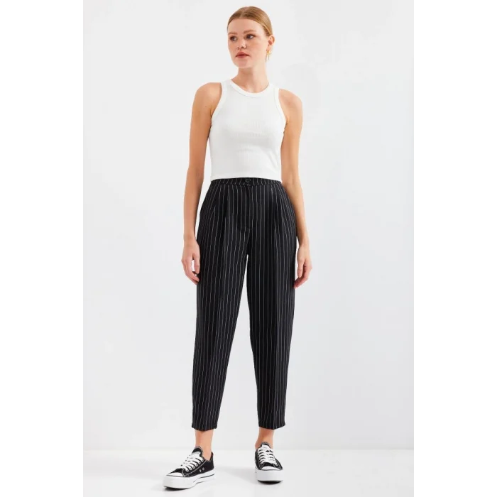 6637 Yüksek Bel Çizgili Kumaş Pantolon - Siyah