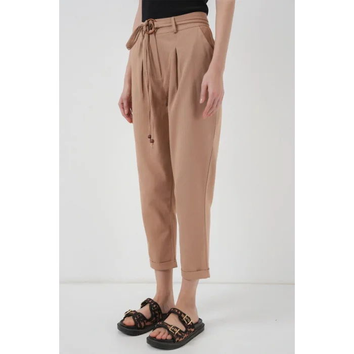6660 Kemerli Keten Pantolon - Bisküvi