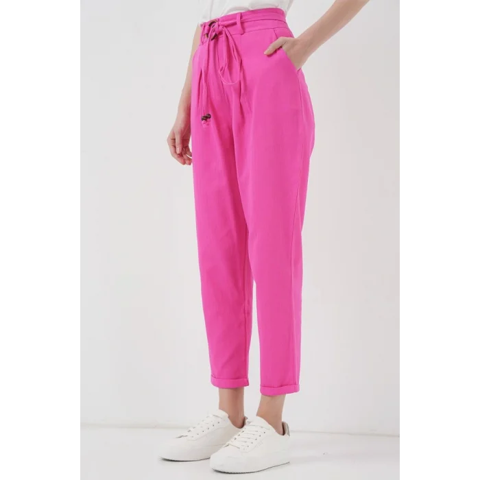 6660 Kemerli Keten Pantolon - Fuşya